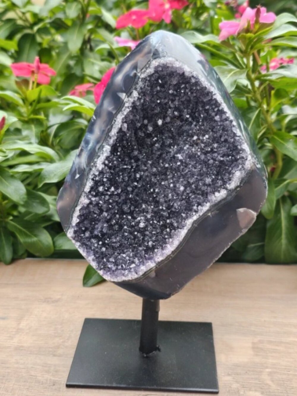 Black Amethyst Raw Crystal Geode On Stand Crystal only: 5.5" tall × 5" wide